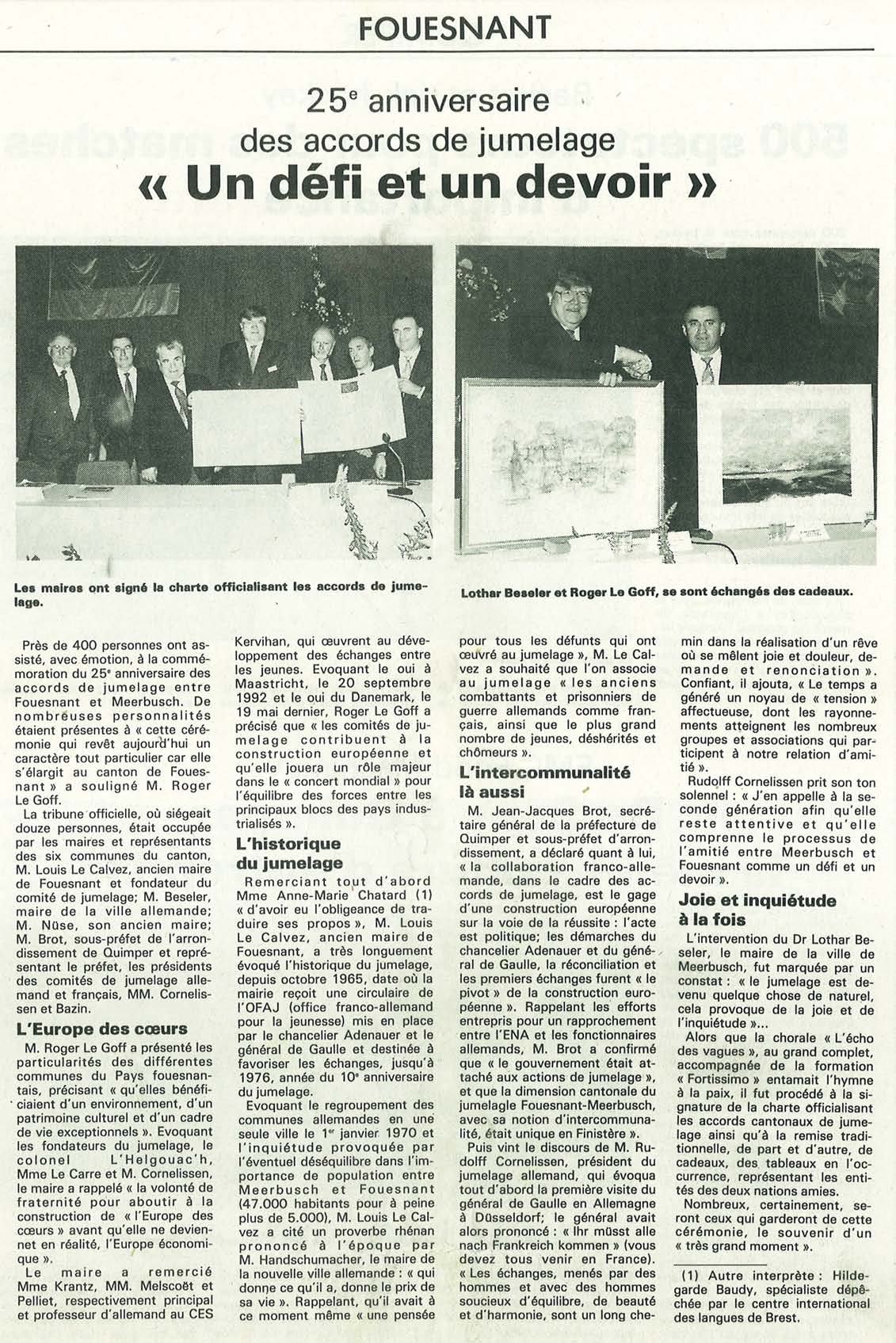 Cérémonie officielle du 25ème anniversaire du jumelage 24 mai 1993