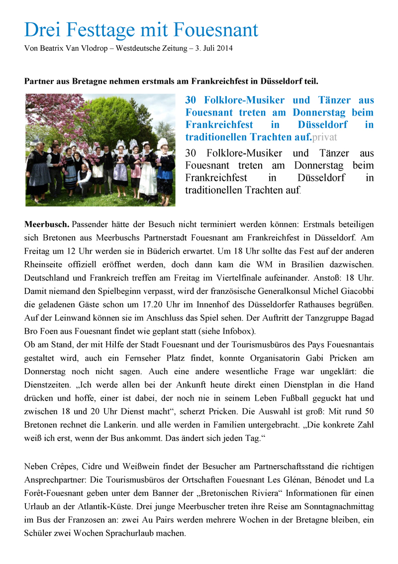 Westdeutsche Zeitung 3 juillet 2014