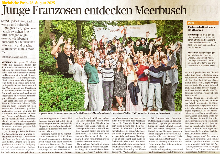Article du Rheinische Post du 26 août 2025 - l'échange jeunes à Meerbusch